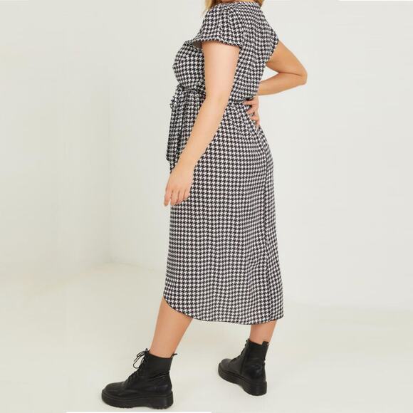 NWT QUIZ Women's Plus High-low Tulip Hem Houndstooth Wrap Midi Dress - Picture 2 of 7